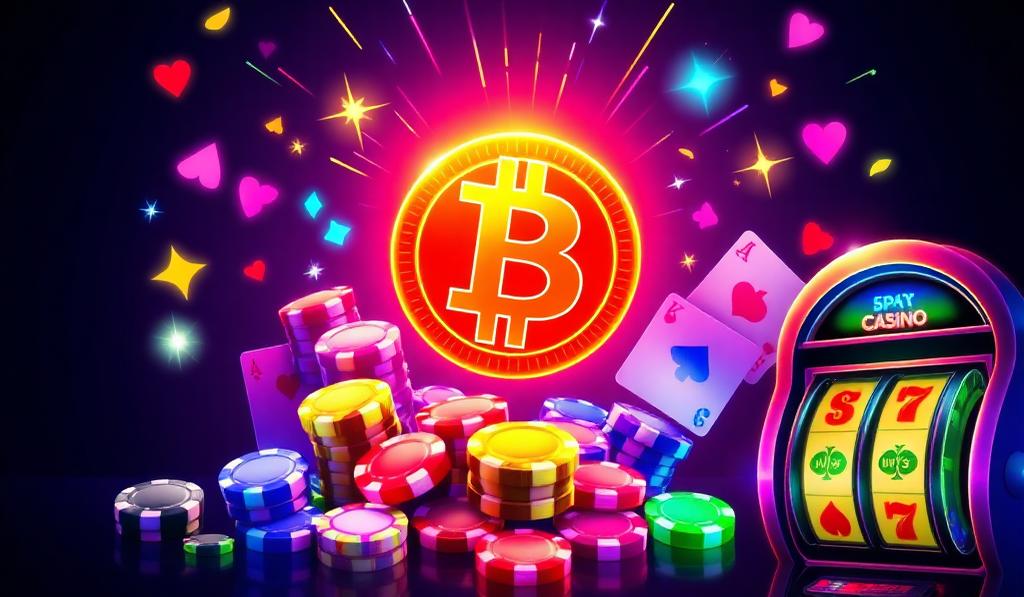 Colorful Bitcoin casino deposit concept with chips, cards, and slot reels