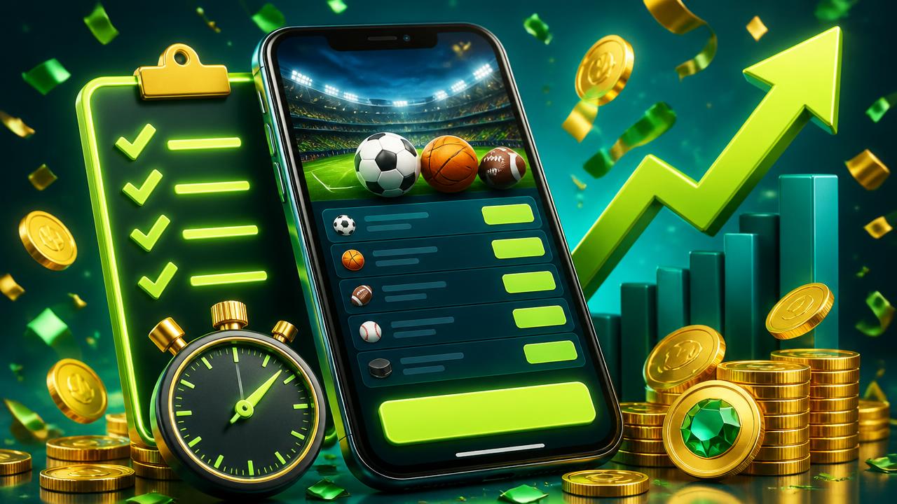 Mobile betting slip with checklist, stopwatch, rising chart and gold coins