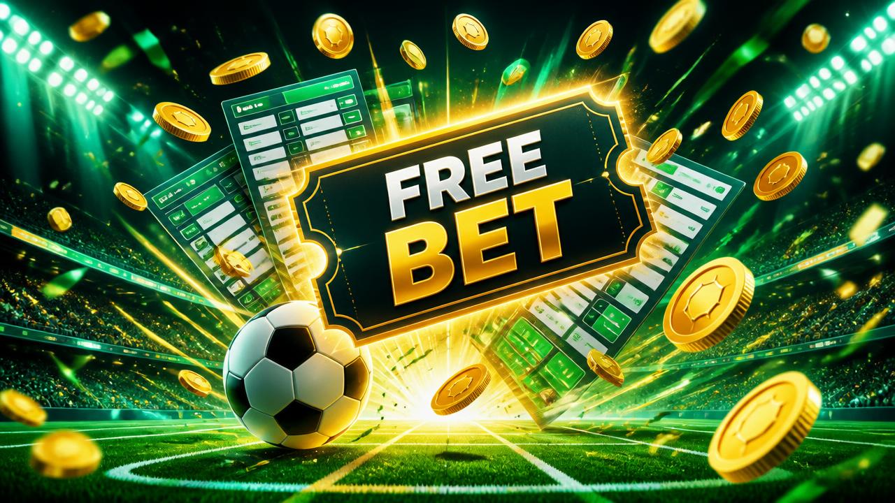 Free bet voucher, betting slips and gold coins over a floodlit stadium