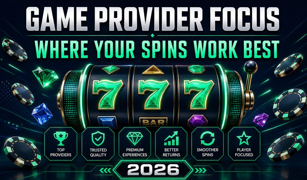 Game provider focus editorial illustration with slot reels and casino chips for 2026