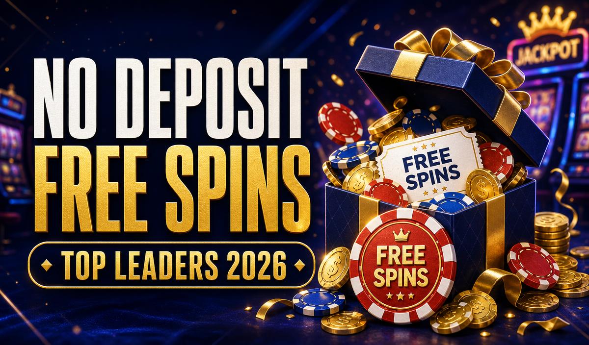No deposit free spins leaders 2026 editorial illustration with casino chips and a bonus gift box